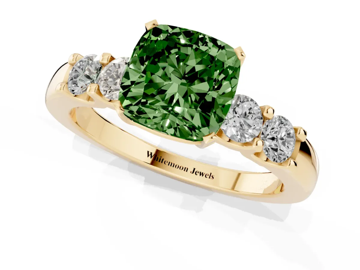 Fancy Green Cushion Cut Brilliant Cut Diamond Five-Stone Prong Set Engagement Ring with Channel Band Yellow gold
