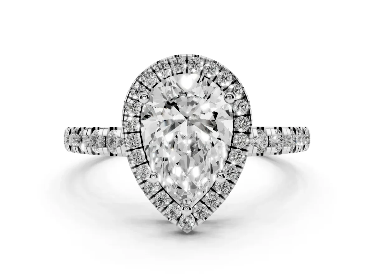 Pear Cut Diamond Halo Ring with Pavé Band and Four-Prong Setting Silver