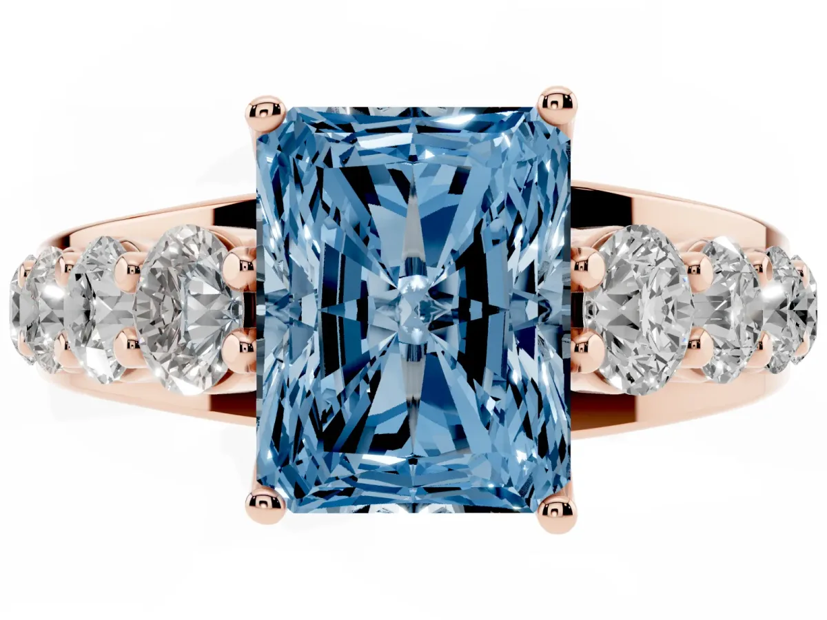 Fancy Blue Radiant Cut Diamond Engagement Ring with Pavé Band and Four-Prong Setting Rose gold