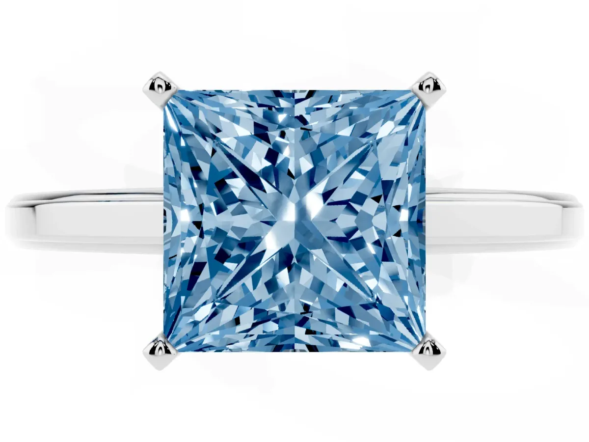 Fancy Blue Princess Cut Solitaire Diamond Ring with Four-Prong Setting and Classic Band Platinum
