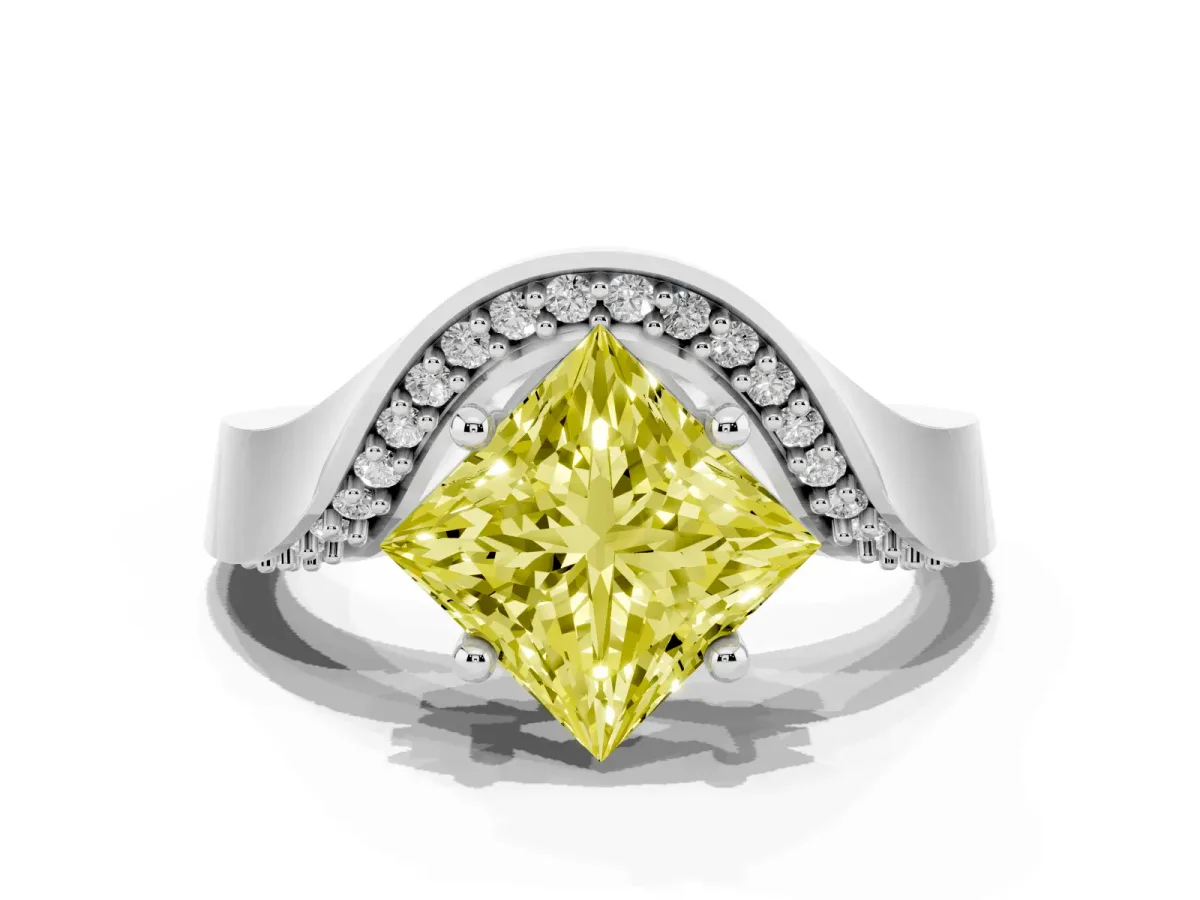 Fancy Yellow Princess Cut Solitaire Diamond Engagement Ring with Pave Band and Four-Prong Setting Silver