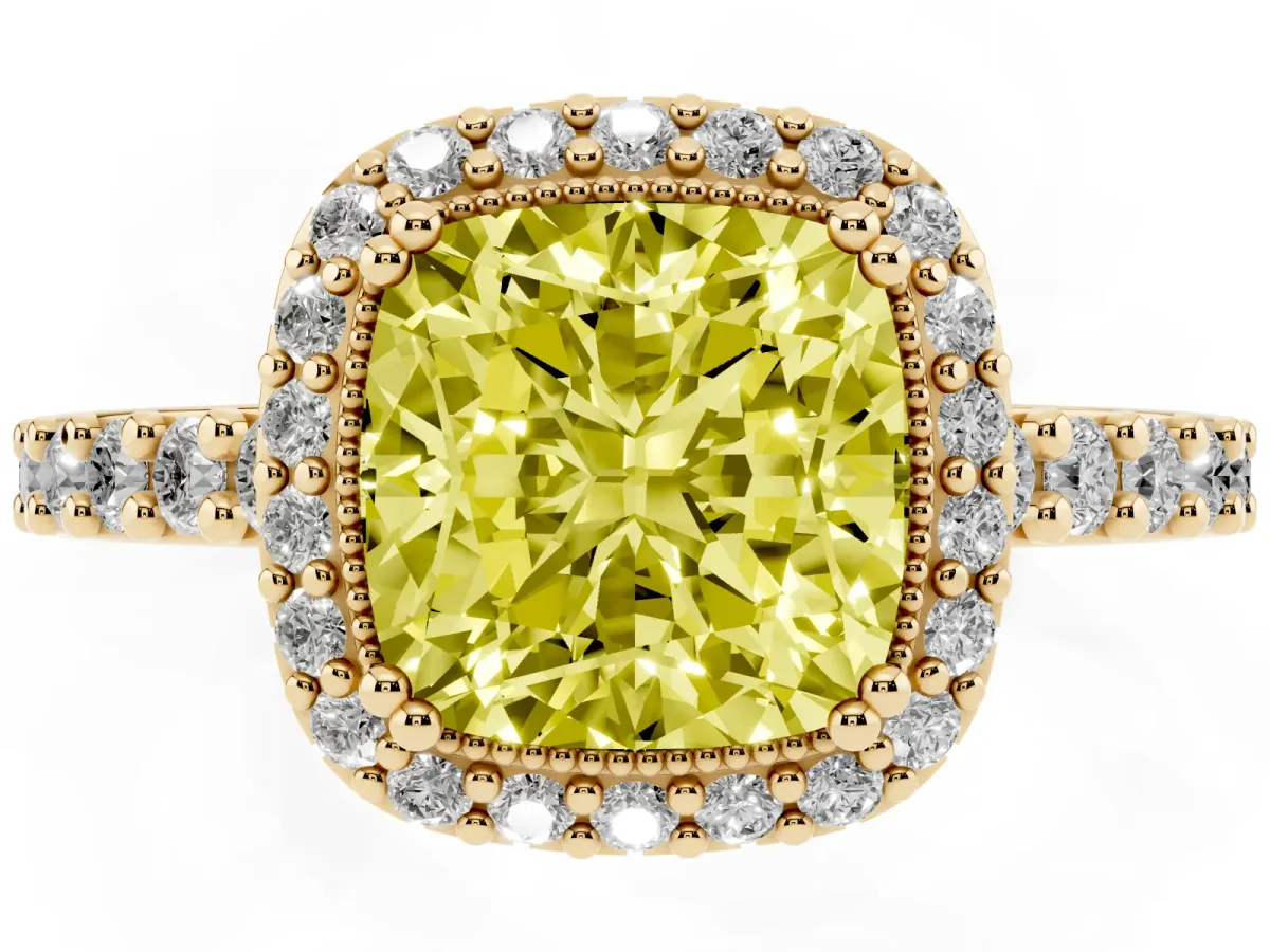 Fancy Yellow Cushion Cut Cut Diamond Halo Engagement Ring with Milgrain Detail and Pavé Band Yellow gold