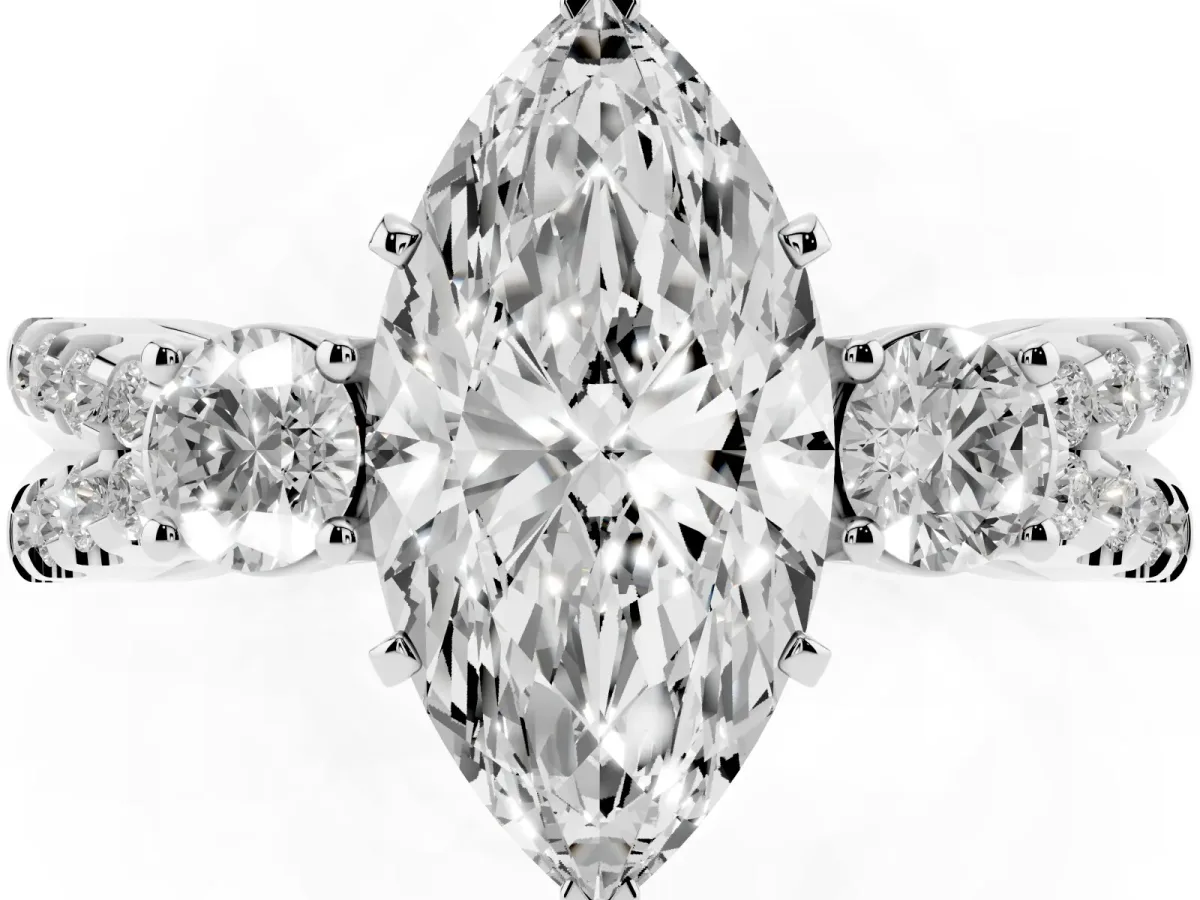 Marquise Cut Diamond Three-Stone Ring with Pavé Split Shank and Four-Prong Setting White gold