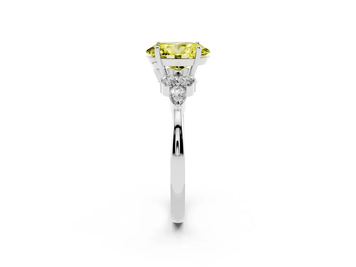 Fancy Yellow Oval Cut Brilliant Diamond Solitaire Ring with Pear Side Stones and Four-Prong Setting White gold