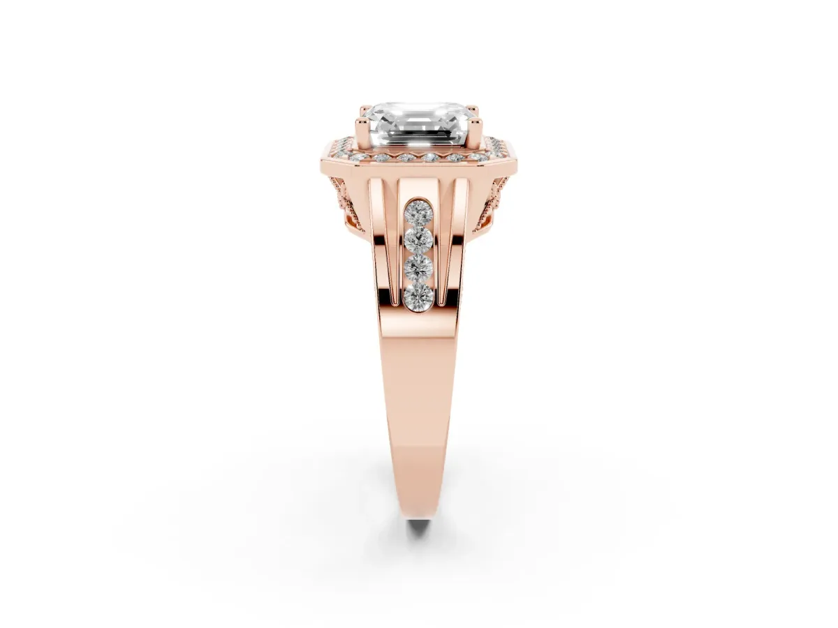 Asscher Cut Diamond Halo Ring with Split Shank and Bezel Accents and Prong Setting Rose gold