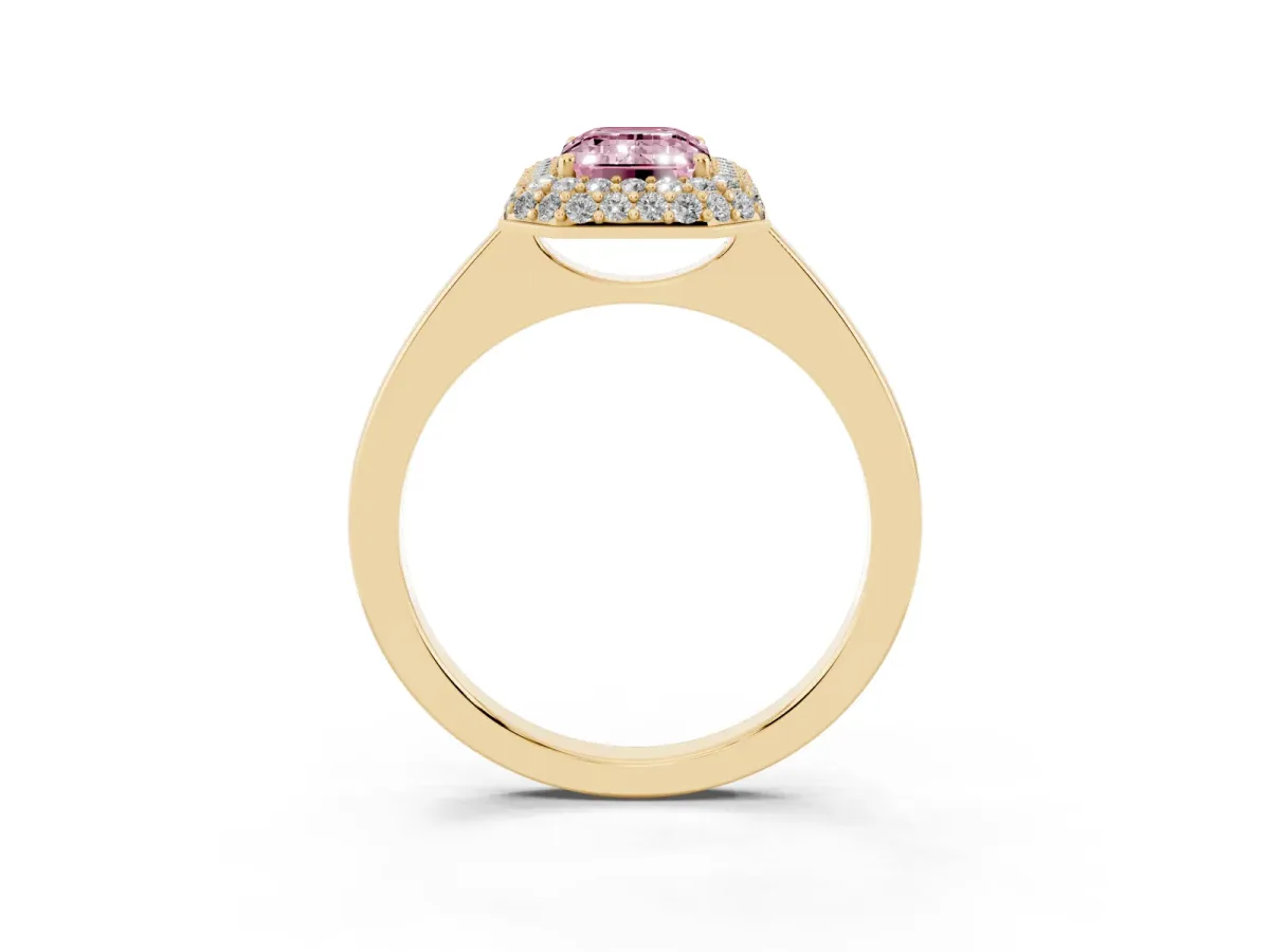 Fancy Pink Emerald Cut Halo Diamond Engagement Ring with Solitaire Band and Four-Prong Setting Yellow gold
