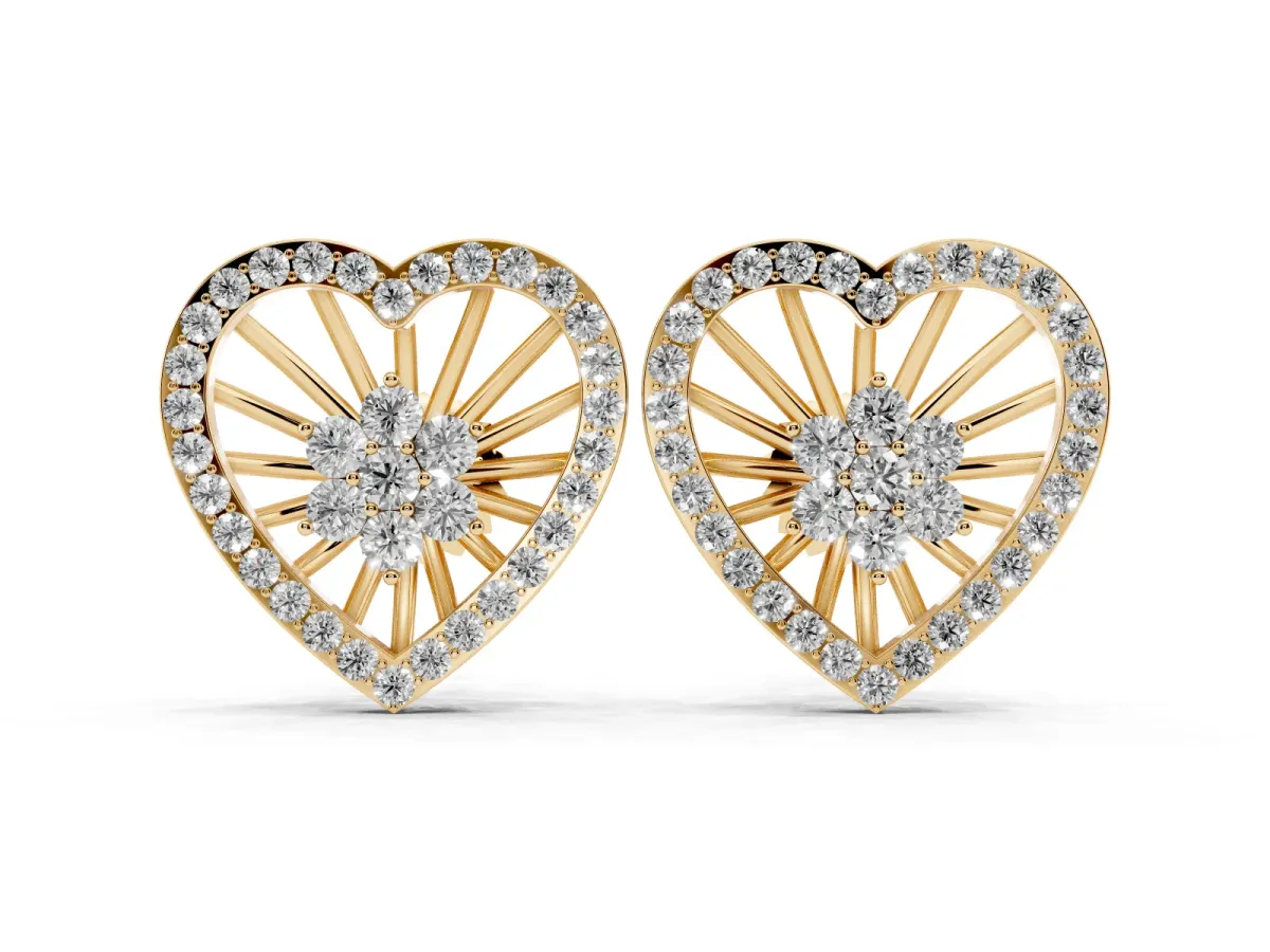 Round Diamond Open Heart Cluster Stud Earrings Yellow gold