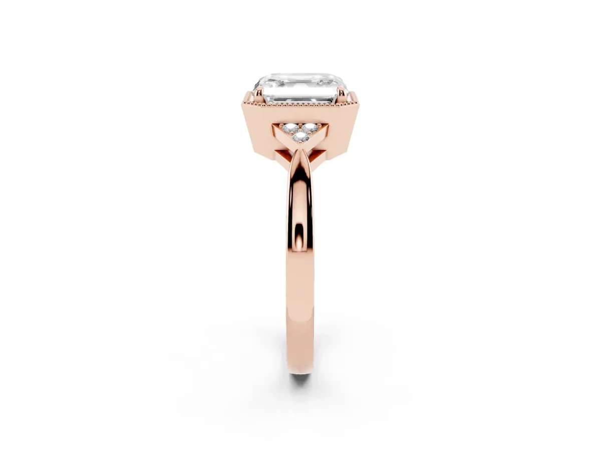 Milgrain Asscher Cut Cut Diamond Ring with Tapered Pave Band and Four Prong Setting Rose gold