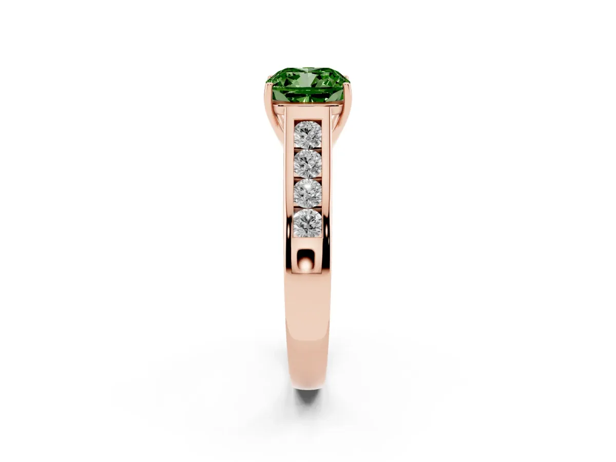 Fancy Green Cushion Cut Solitaire Channel-Set Diamond Engagement Ring with Four-Prong Setting Rose gold