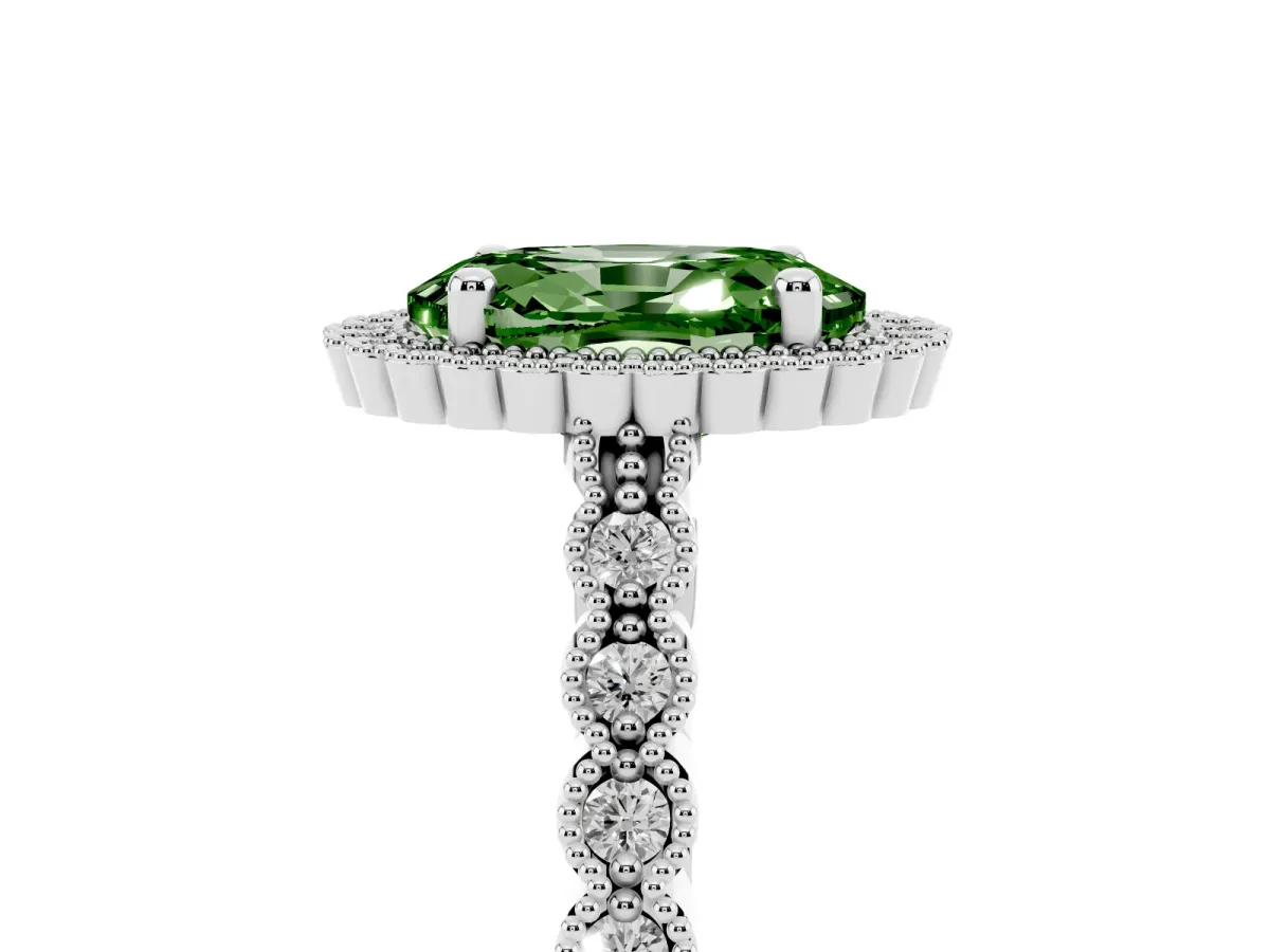 Fancy Green Oval Cut Cut Halo Pavé Solitaire Ring with Milgrain Band Silver