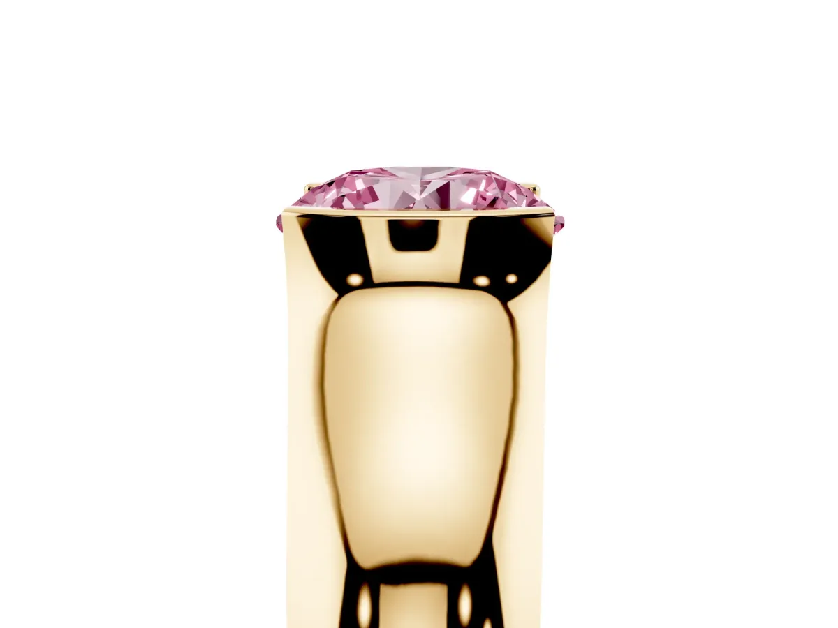 Fancy Pink Round Cut Solitaire Bezel Set Diamond Ring with Wide Band Yellow gold