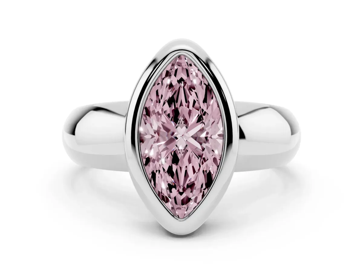 Fancy Pink Bezel Set Marquise Cut Solitaire Ring with Wide Band Platinum
