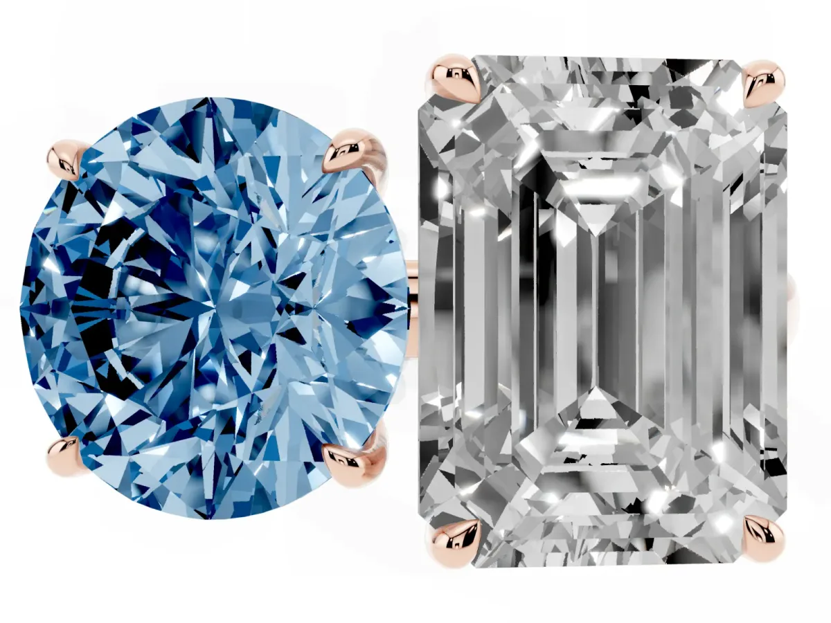 Fancy Blue Round Cut and Emerald Cut Toi Moi Ring with Prong Setting Rose gold