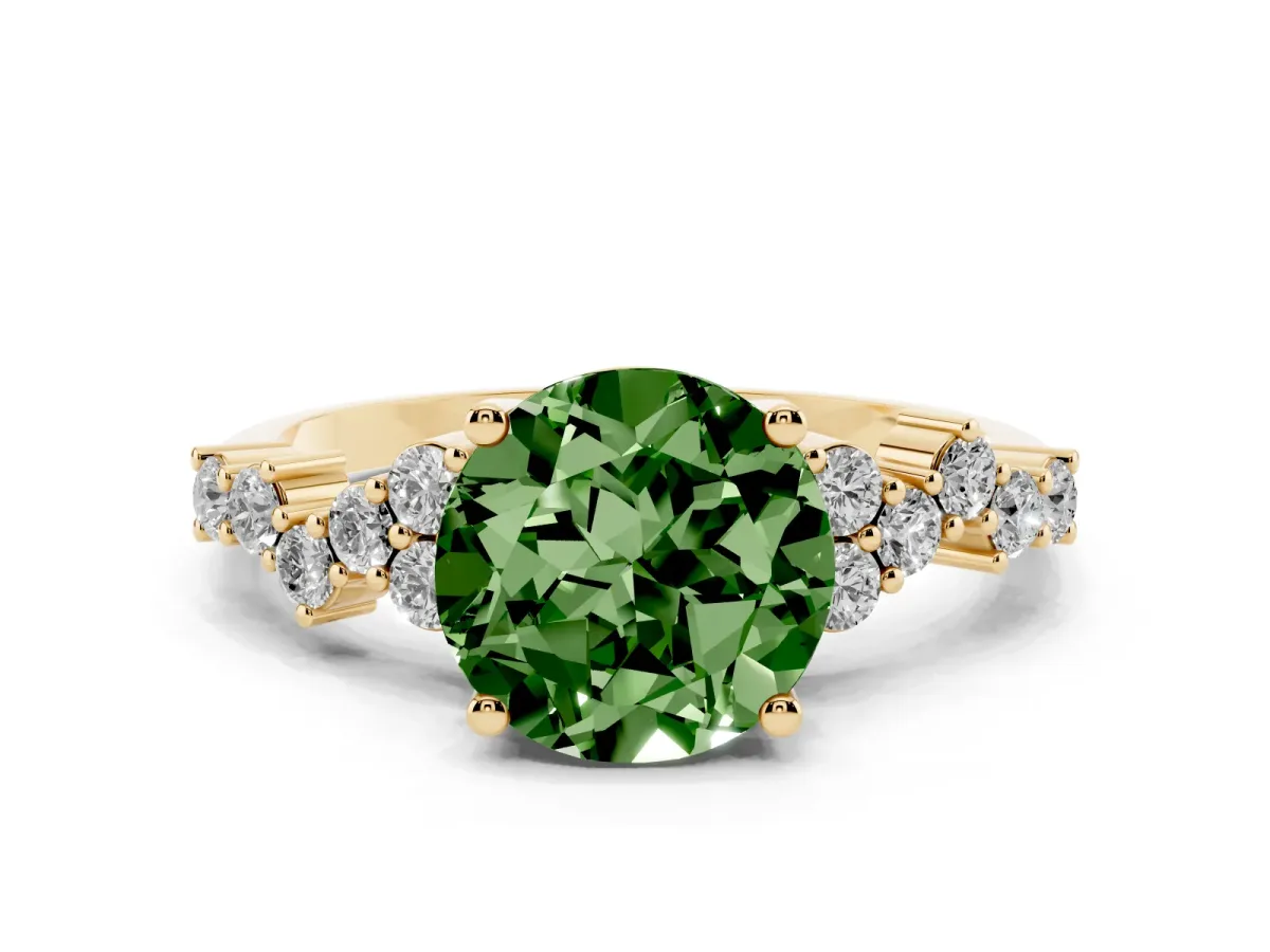 Fancy Green Round Cut Diamond Scattered Round Accent Ring with Prong Setting Yellow gold