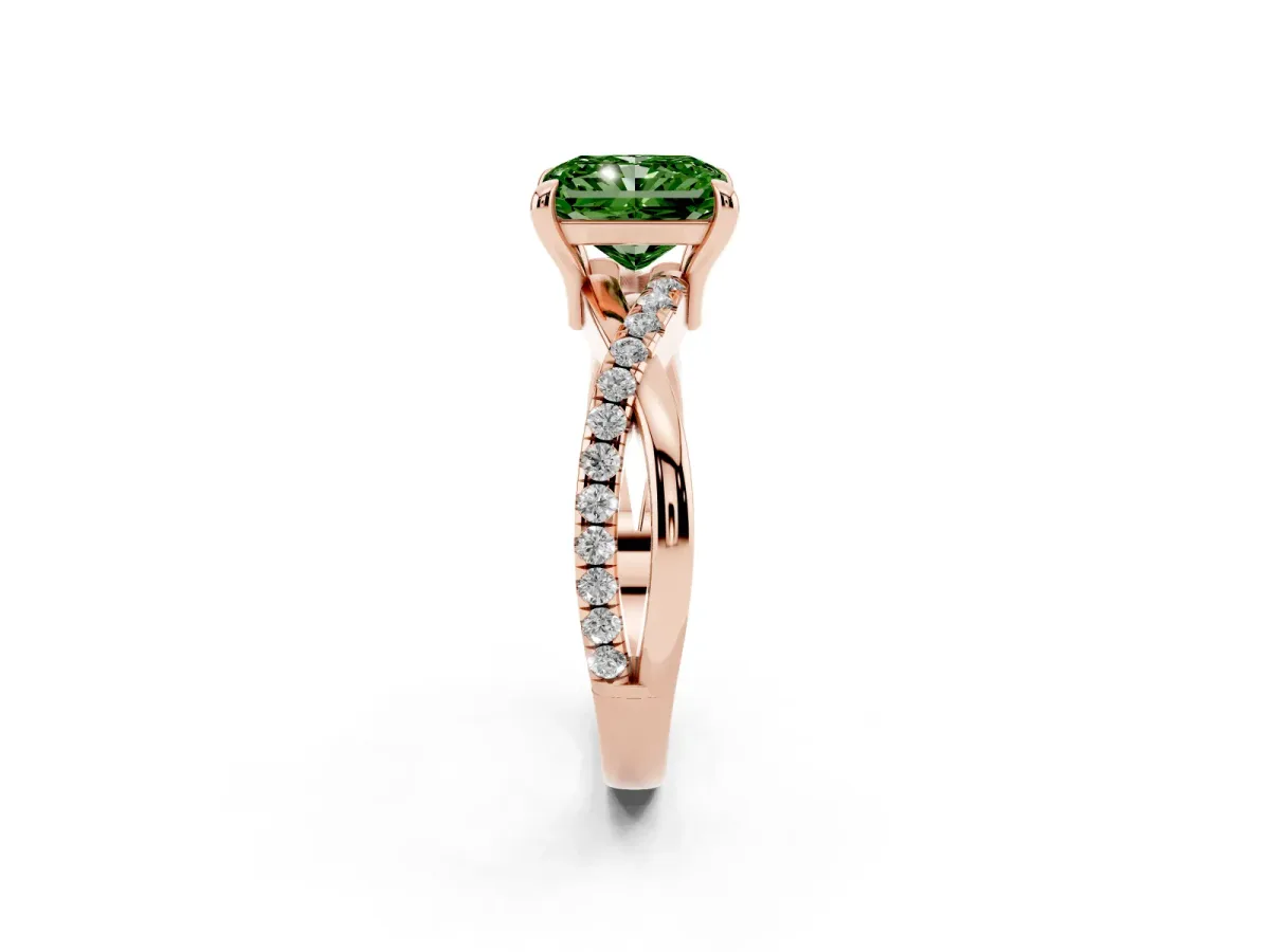 Fancy Green Radiant Cut Cut Diamond Twist Band Solitaire with Prong Setting Rose gold
