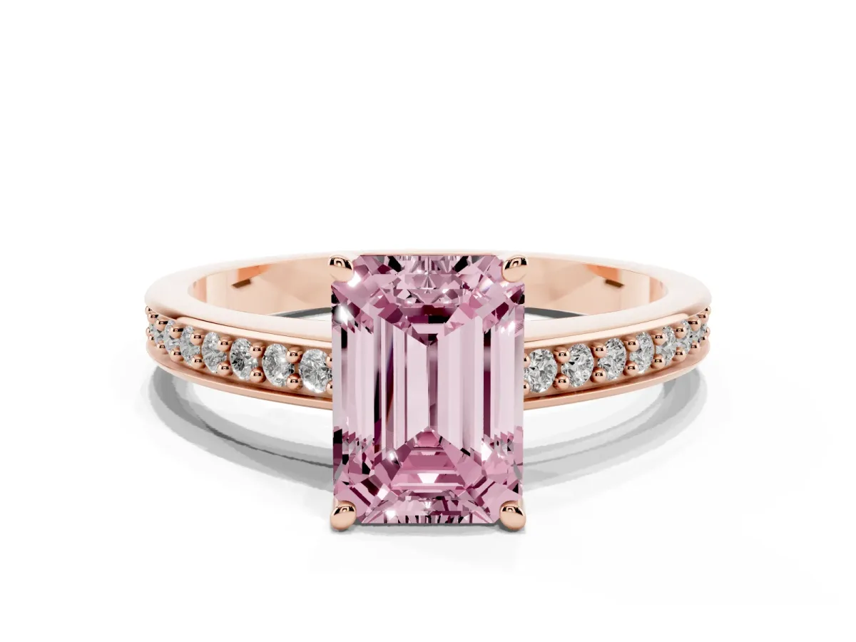 Fancy Pink Emerald Cut Solitaire Pavé Band Prong Setting Ring Rose gold
