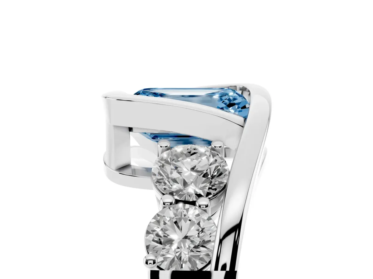 Fancy Blue Bezel Set Emerald Cut Diamond Bypass Ring with Round Accents Silver