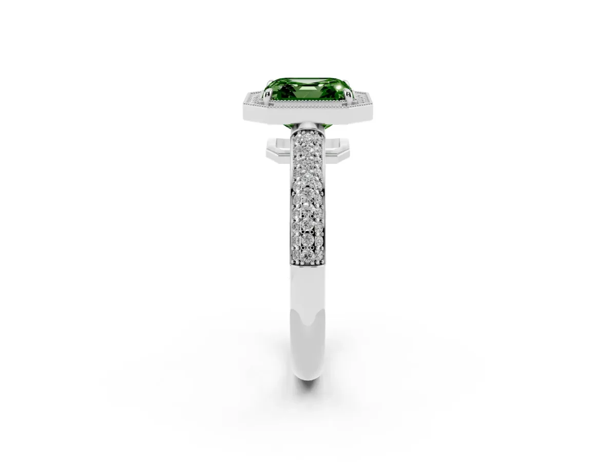 Fancy Green Asscher Cut Cut Halo Diamond Pave Band with Four-Prong Setting Platinum