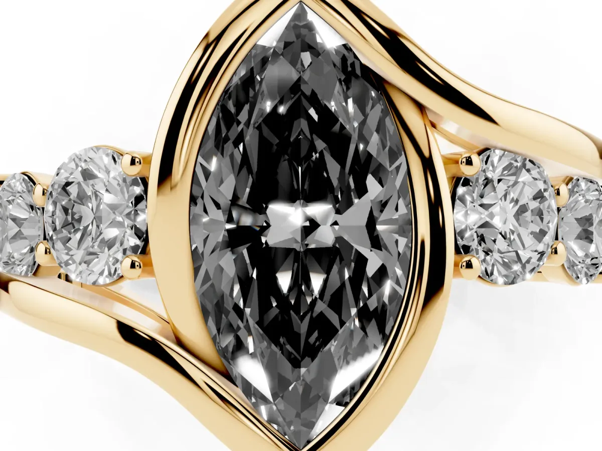 Fancy Black Bezel Set Marquise Cut Diamond Bypass Ring with Round Accents Yellow gold