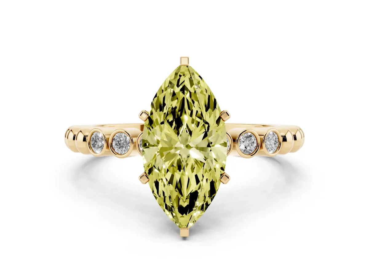 Fancy Yellow Marquise Cut Solitaire Bezel Accent Diamond Engagement Ring with Beaded Band and Four-Prong Setting Yellow gold