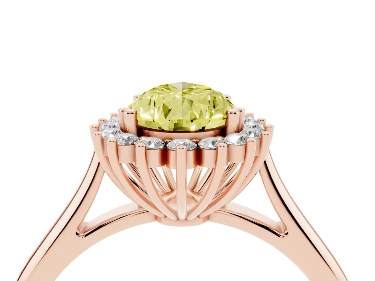 Fancy Yellow Pear Cut Cut Diamond Halo Ring with Solitaire Band and Prong Setting Rose gold