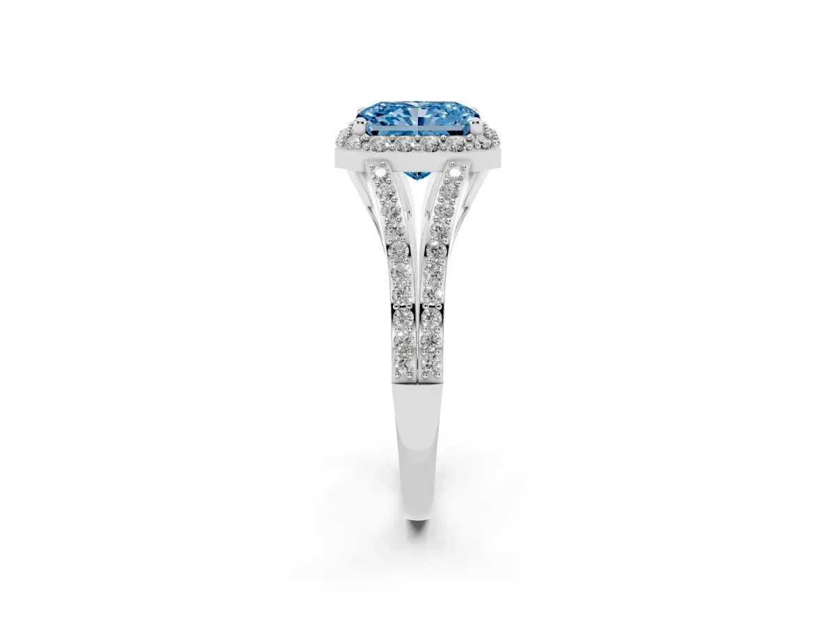 Fancy Blue Radiant Cut Halo Split Shank Pave Diamond Ring with Four-Prong Setting Silver