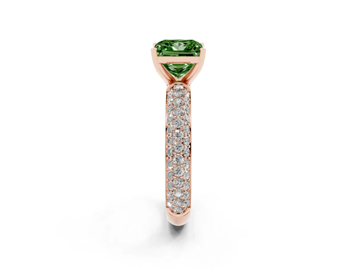 Fancy Green Princess Cut Diamond Solitaire Ring with Prong Setting and Pavé Band Rose gold