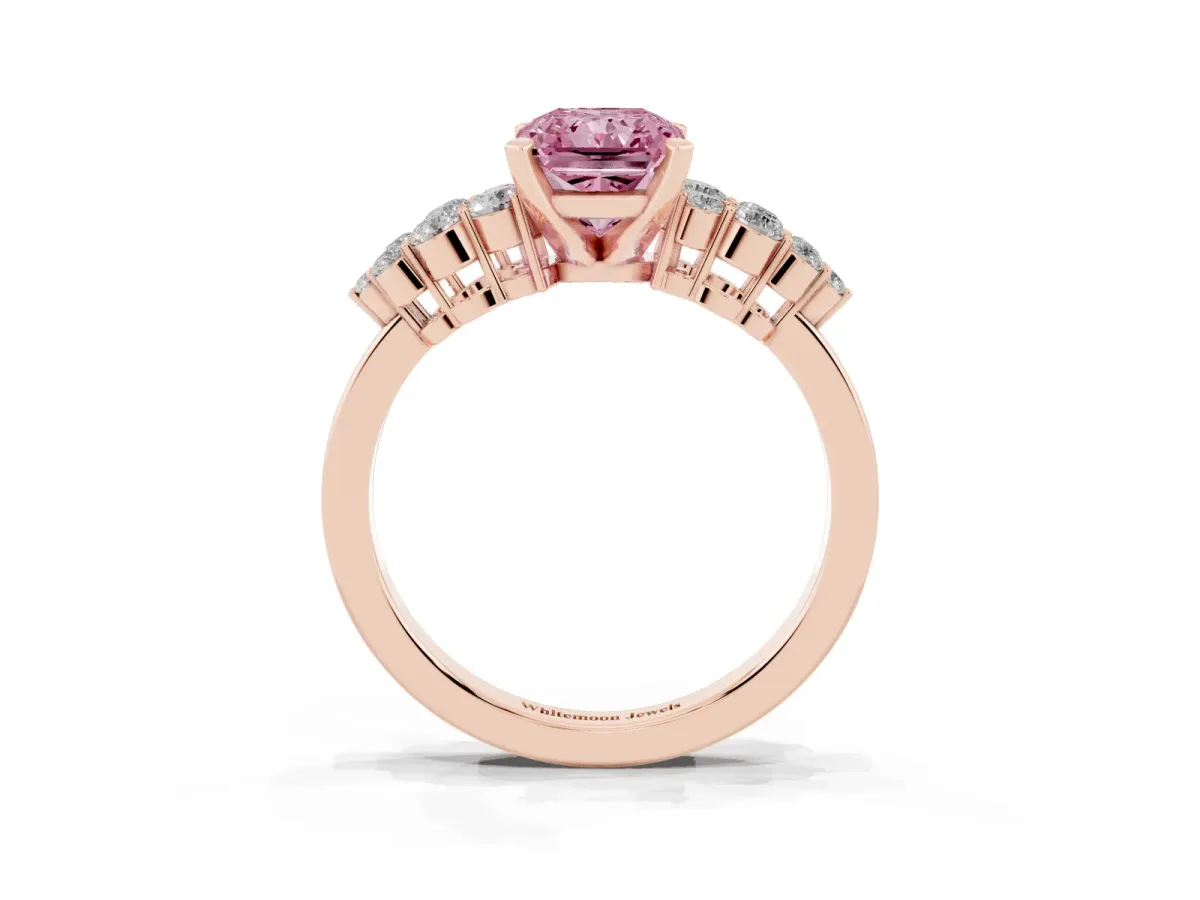 Fancy Pink Radiant Cut Cluster Diamond Engagement Ring with Pavé Band and Four-Prong Setting Rose gold