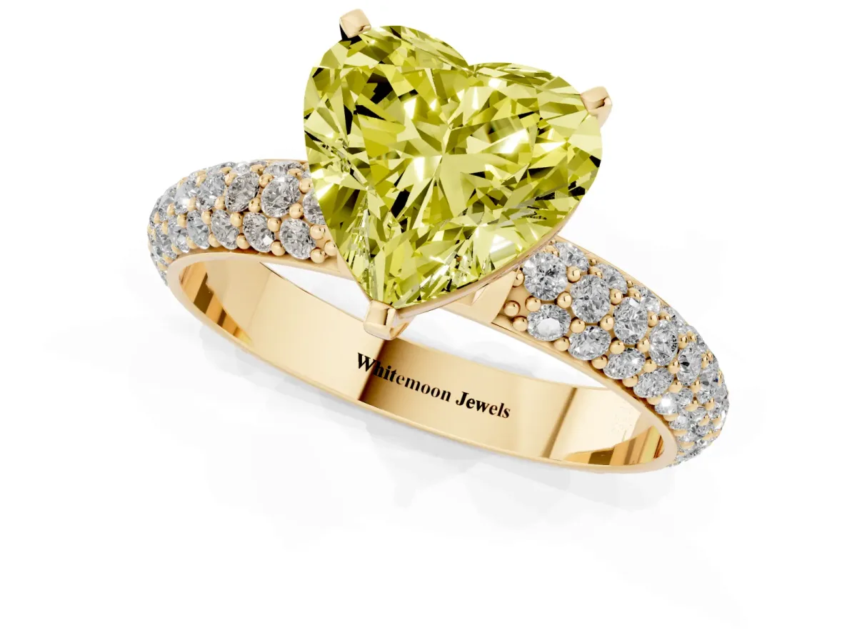 Fancy Yellow Heart Cut Diamond Solitaire Ring with Prong Setting and Pavé Band Yellow gold