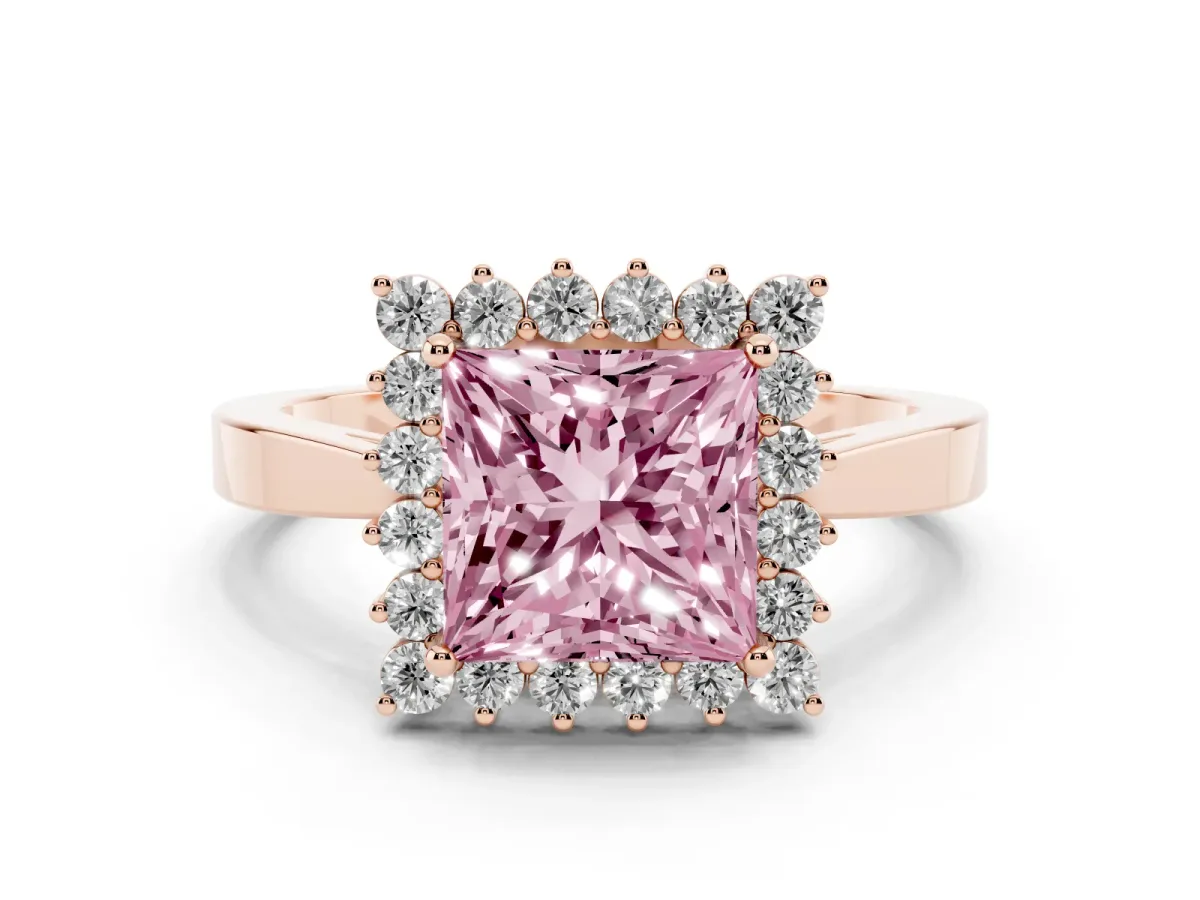 Fancy Pink Princess Cut Cut Diamond Halo Ring with Round Brilliant Halo and Solitaire Band Rose gold