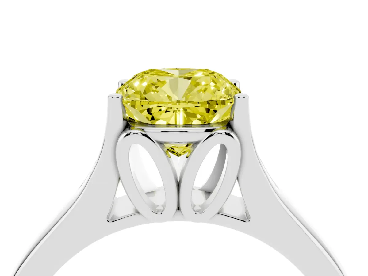 Fancy Yellow Cushion Cut Solitaire Diamond Ring with Cathedral Band and Four-Prong Setting Silver