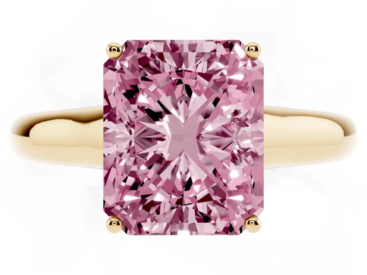 Fancy Pink Radiant Cut Solitaire Engagement Ring with Tapered Band and Four-Prong Setting Yellow gold