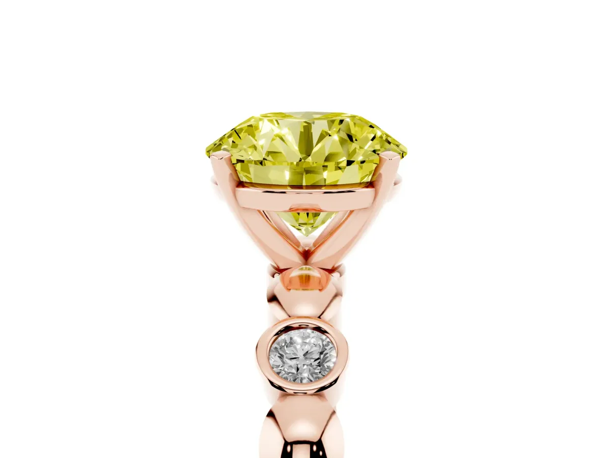 Fancy Yellow Round Cut Solitaire Bezel-Set Diamond Ring with Beaded Band and Four-Prong Setting Rose gold