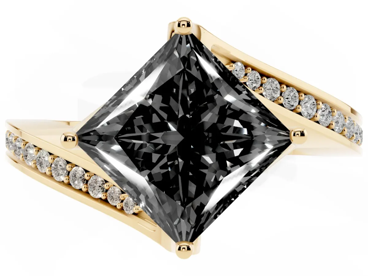 Fancy Black Princess Cut Solitaire Diamond Twist Band with Pavé Setting and Four-Prong Setting Yellow gold