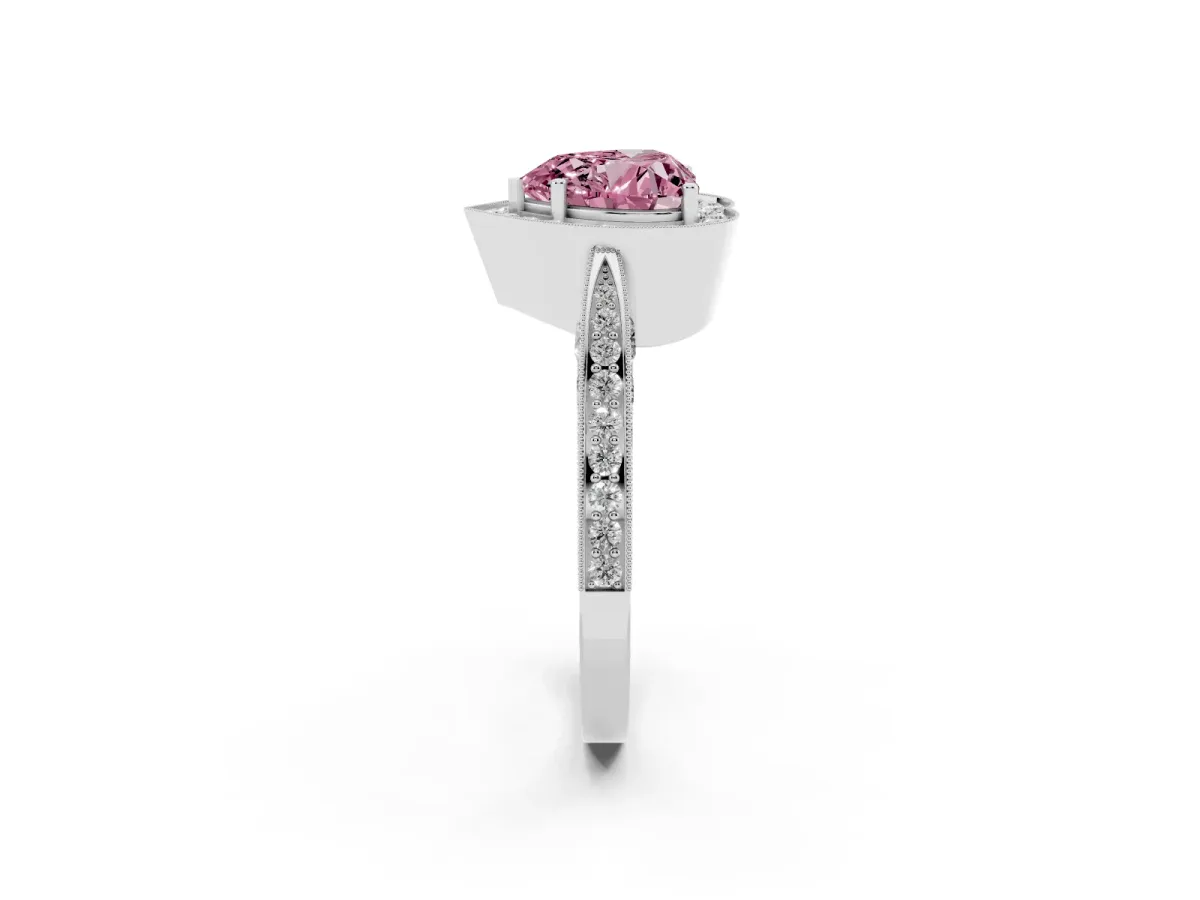 Fancy Pink Heart Cut Halo Diamond Engagement Ring with Split Shank Band and Four-Prong Setting Silver