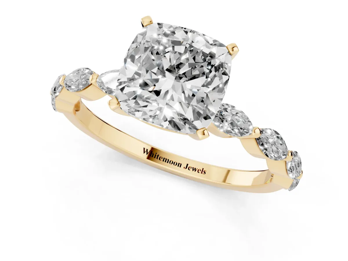 Cushion Cut Diamond Ring with Marquise Side Stones and Prong Setting Yellow gold