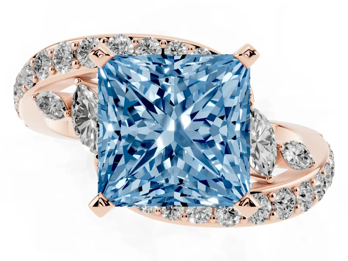 Fancy Blue Princess Cut Solitaire with Pavé Twist Band and Four-Prong Setting Rose gold