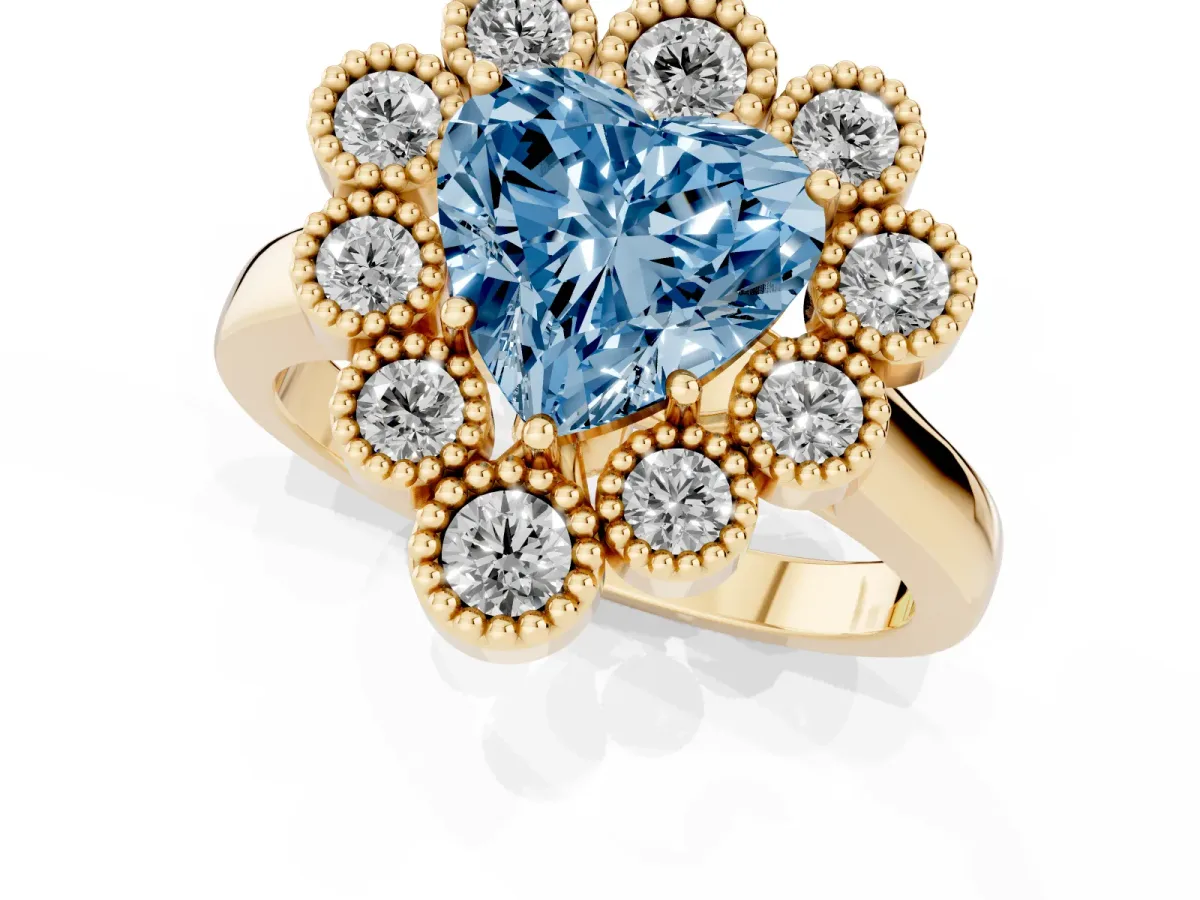 Fancy Blue Heart Cut Halo Diamond Cluster Engagement Ring with Milgrain Bezel Setting and Solitaire Band Yellow gold