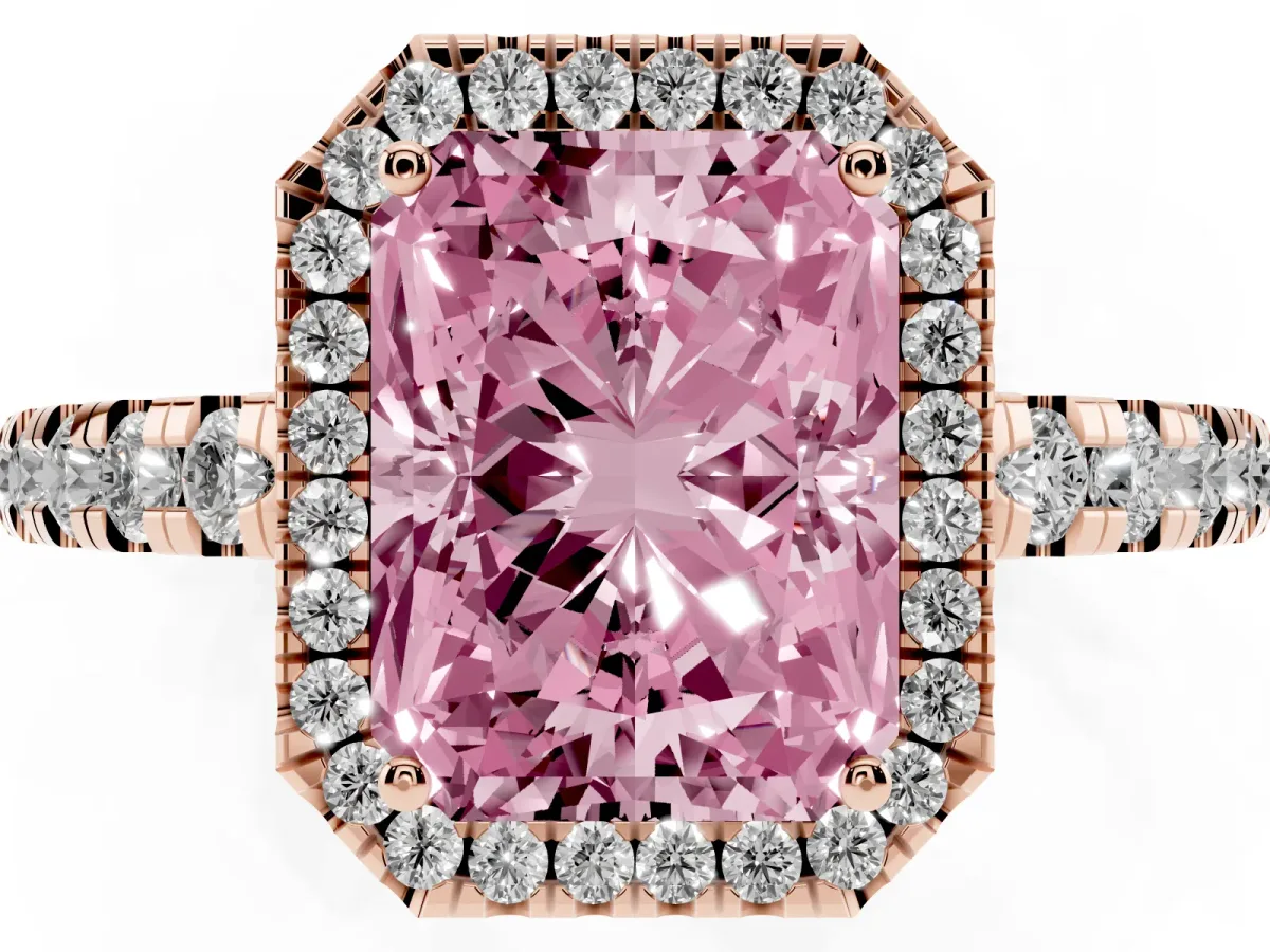Fancy Pink Radiant Cut Diamond Halo Ring with Pavé Band and Four-Prong Setting Rose gold