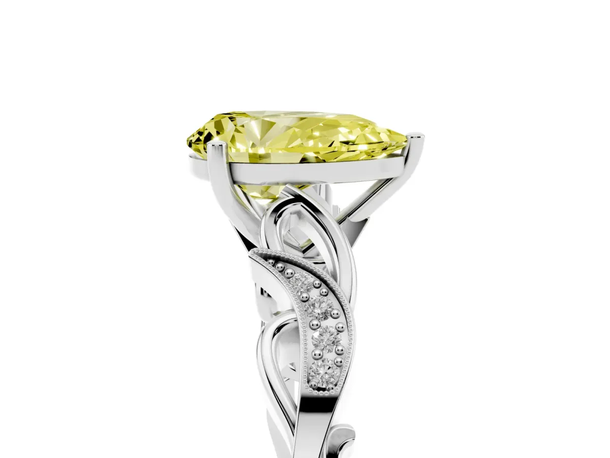 Fancy Yellow Pear Cut Solitaire Vine Band with Milgrain Prong Setting Silver