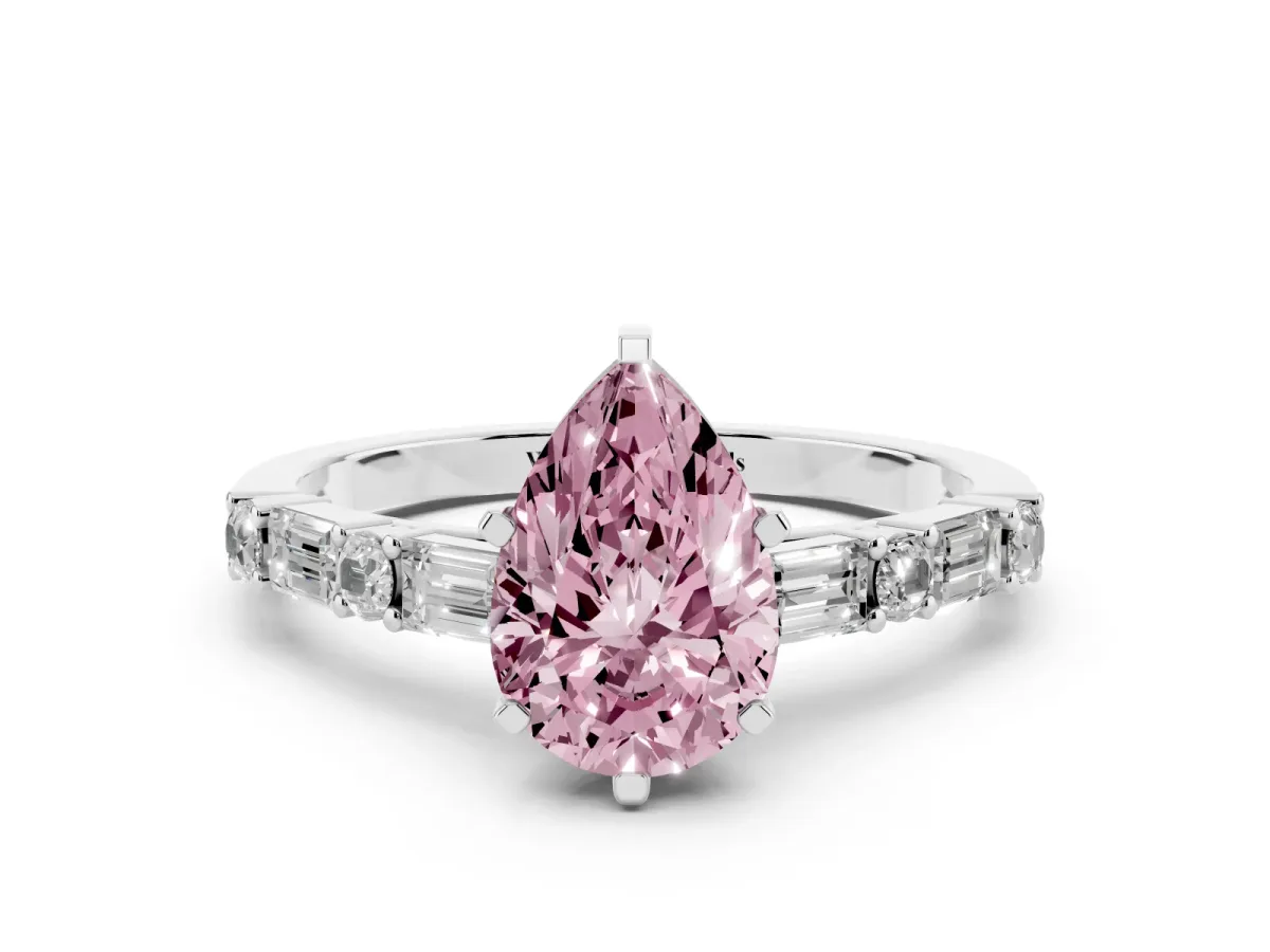 Fancy Pink Pear Cut Diamond Solitaire with Side Baguettes and Channel Set Band Silver