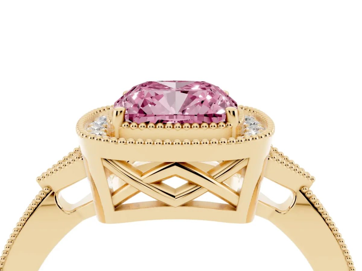 Fancy Pink Cushion Cut Halo Round Diamond Milgrain Pave Engagement Ring Yellow gold
