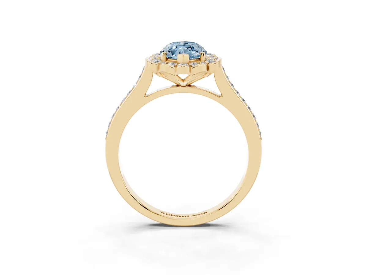 Fancy Blue Marquise Cut Halo Round Diamond Pave Band with Four-Prong Setting Yellow gold