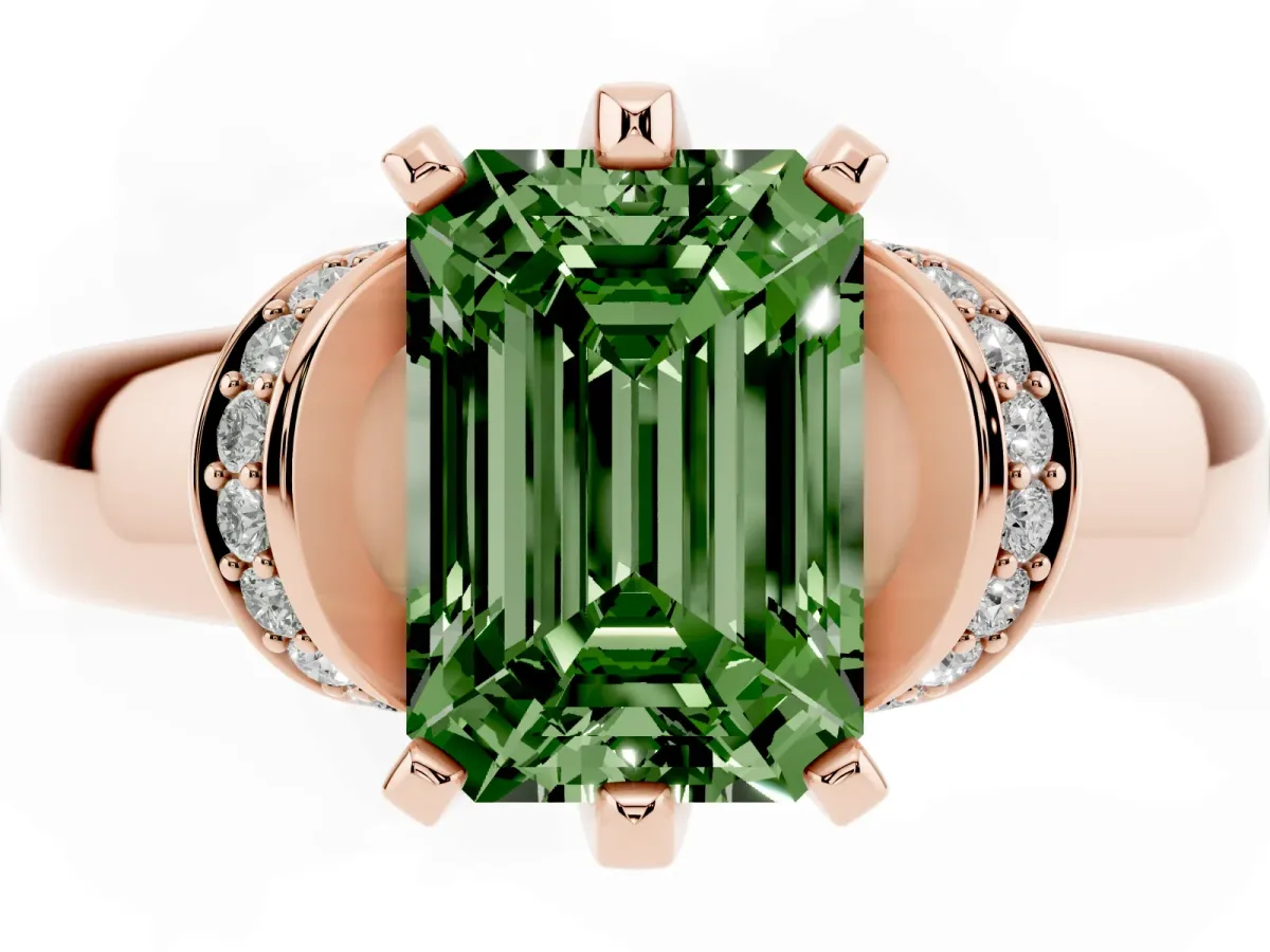 Fancy Green Emerald Cut Solitaire Diamond Ring with Pave Band and Six-Prong Setting Rose gold