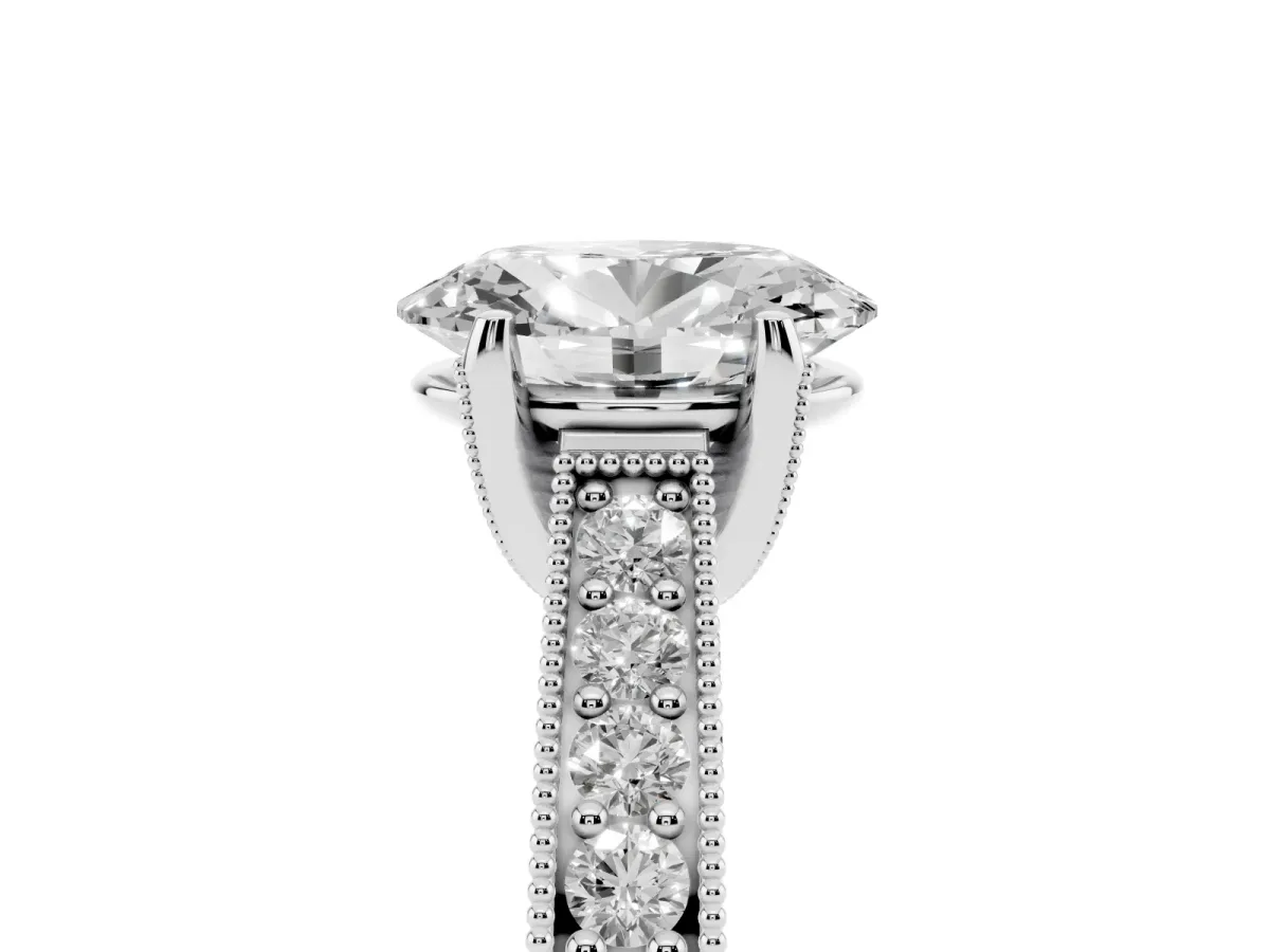 Oval Cut Cut Diamond Solitaire Ring with Milgrain Pave Band and Four Prong Setting Platinum