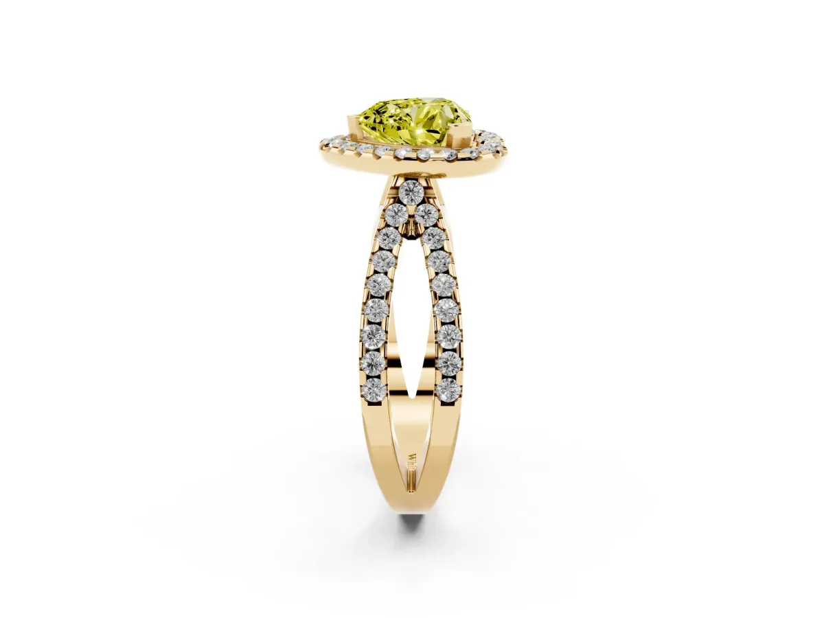 Fancy Yellow Heart Cut Diamond Halo Ring with Split Shank Pavé Band and Prong Setting Yellow gold