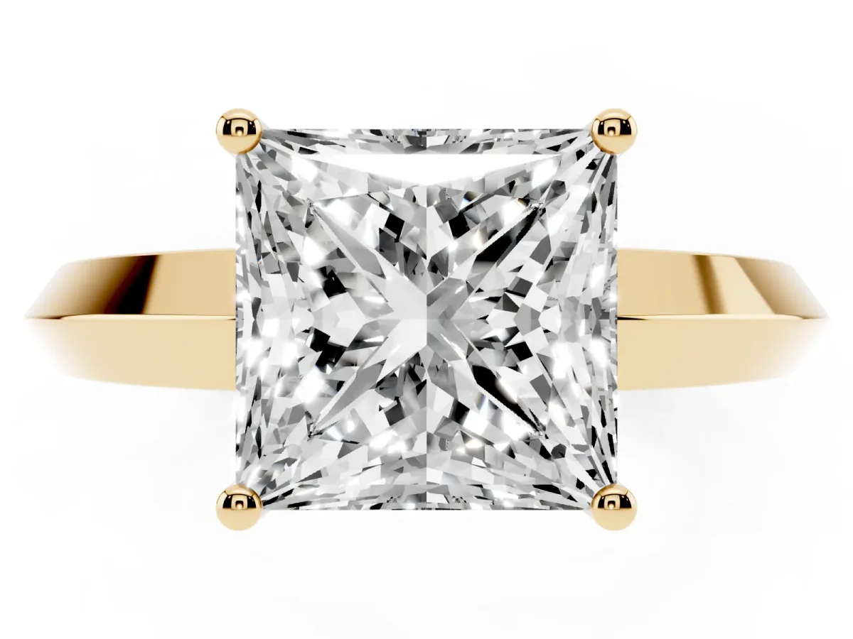 Princess Cut Cut Solitaire Engagement Ring with Flat Band and Four-Prong Setting Yellow gold