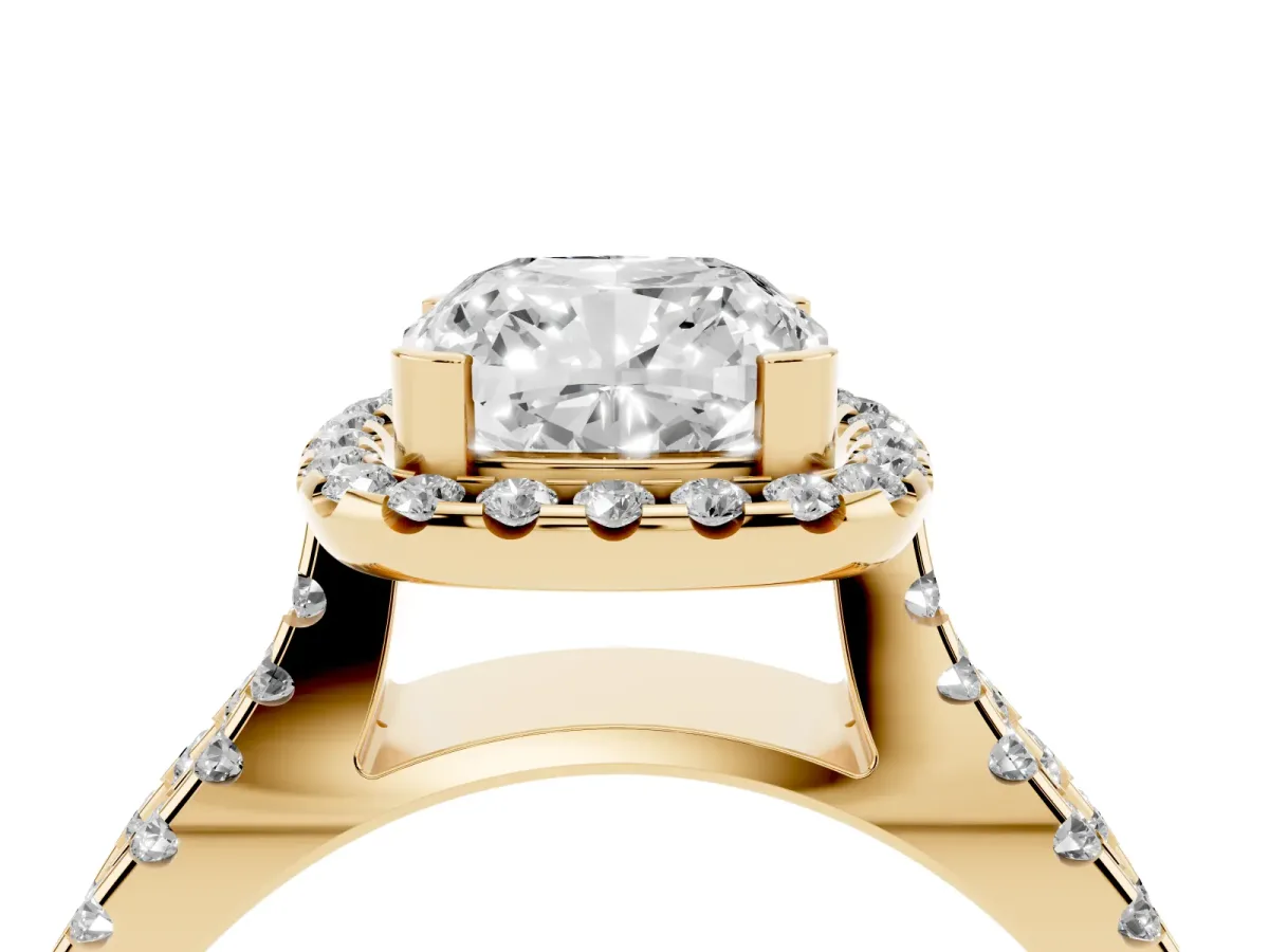 Cushion Cut Diamond Halo Ring with Split Shank Pavé Band and Prong Setting Yellow gold