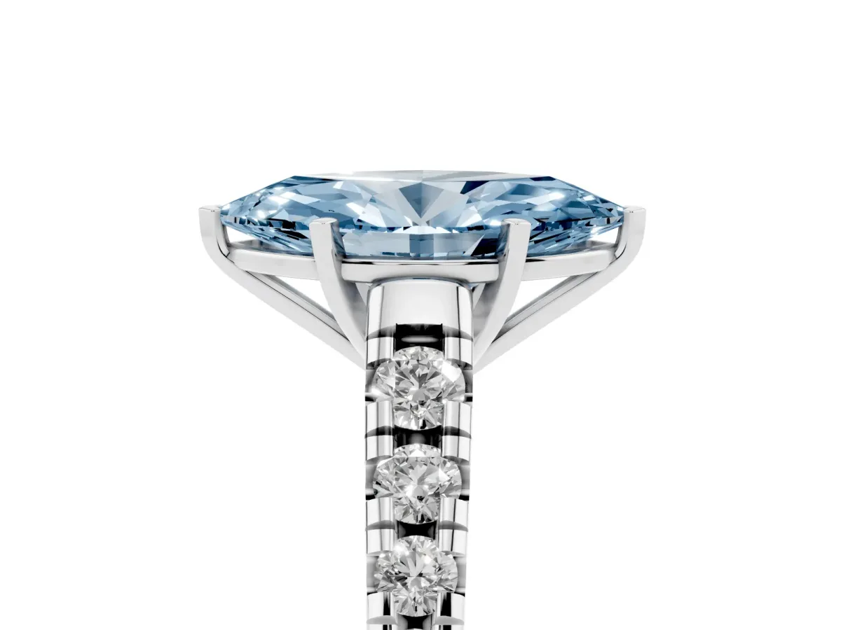 Fancy Blue Marquise Cut Diamond Cathedral Solitaire Ring with Round Pavé Band Silver