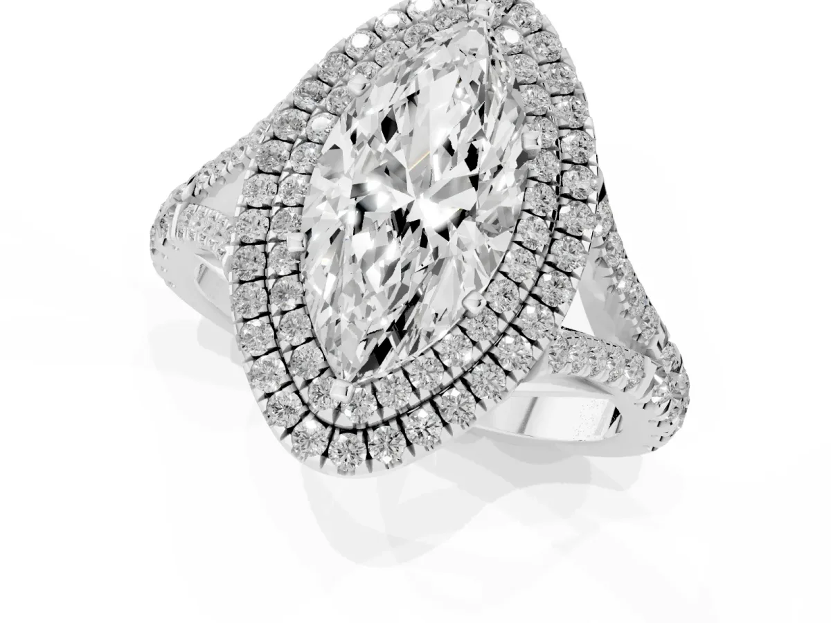 Double Halo Marquise Cut Diamond Split Shank Engagement Ring with Four-Prong Setting Silver